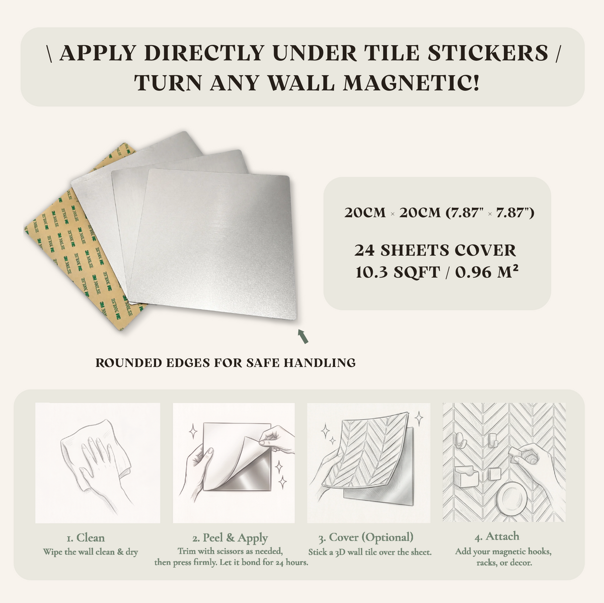 Magnetic Steel Wall Tile Backing - Peel & Stick