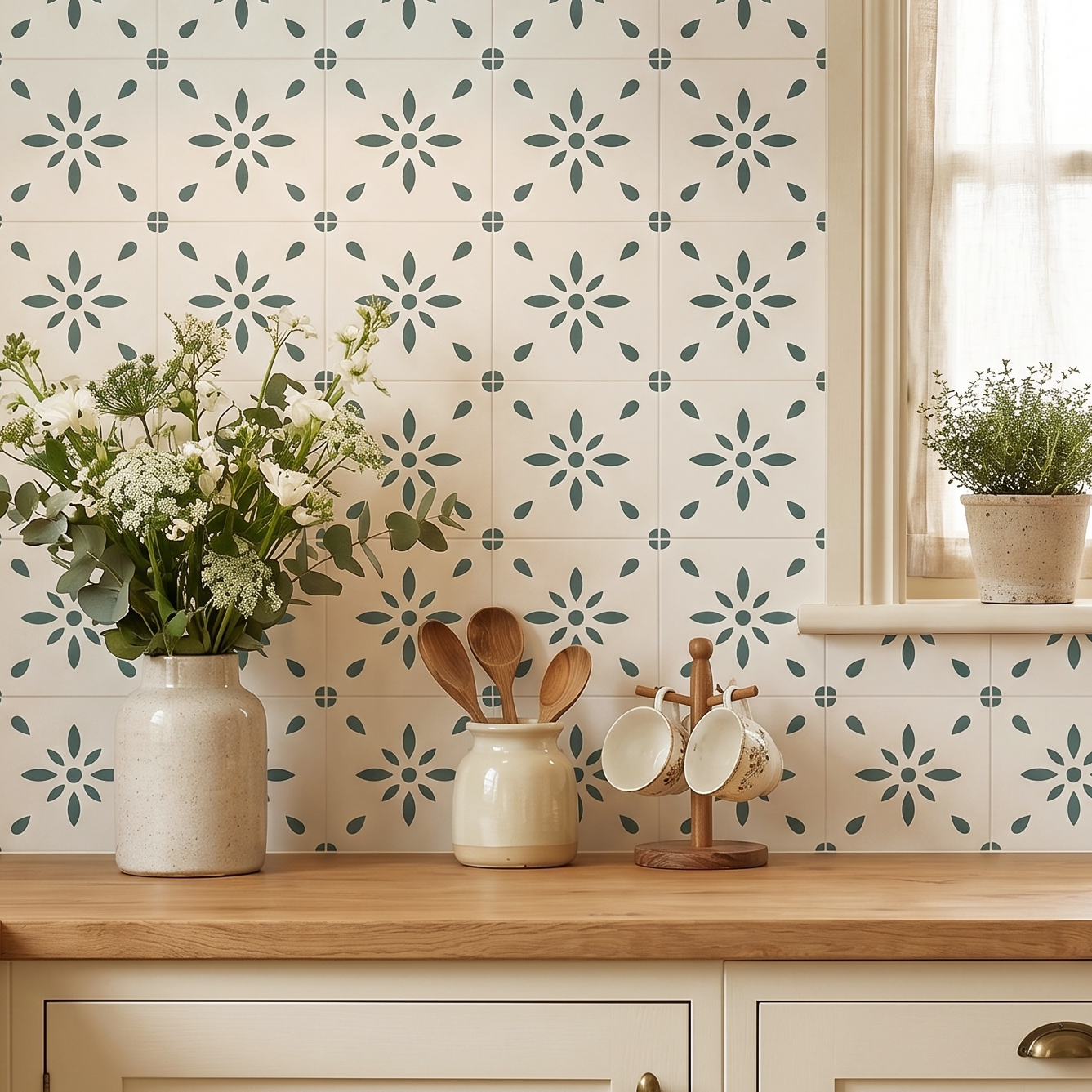 Sage Green Starburst - Matte Wall & Floor Tile Stickers